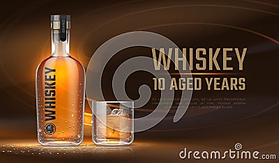 Whiskey ad. Realistic bottle with alcoholic beverage, advertisement banner with glass bottle mockup and liquid. Vector Vector Illustration