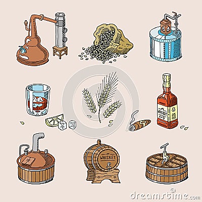 Whiskey alcohol beverage brandy in glass and drink scotch or bourbon in bottle illustration set of distillation isolated Cartoon Illustration