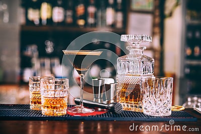 whiskey based cocktails, alcoholic beverages in modern bar Stock Photo