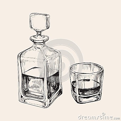 Whiskey Bottle and Glass. Hand Drawn Drink Vector Illustration Vector Illustration