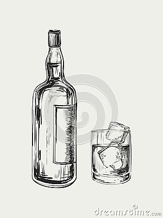 Whiskey Bottle and Glass. Hand Drawn Drink Vector Illustration Vector Illustration