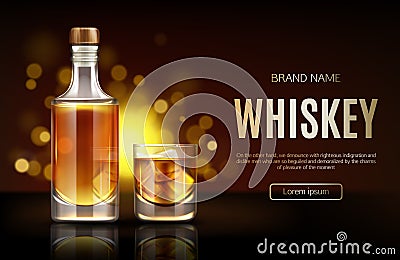 Whiskey bottle and glass mockup promo ad banner, Vector Illustration