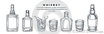 Whiskey bottles and glass, vector sketch illustration. Scotch, brandy or liquor alcohol drinks. Bar menu design elements Vector Illustration