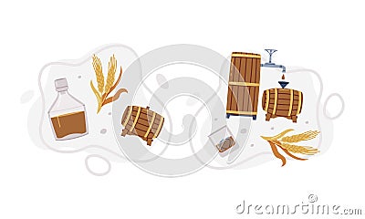 Whiskey Drink in Wooden Barrel for Storage and Barley Spikelet Vector Composition Set Vector Illustration