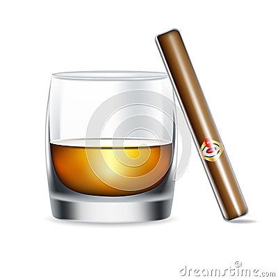 Whiskey glass and cigar isolated Vector Illustration