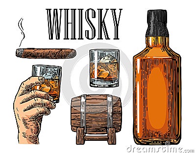 Whiskey glass with ice cubes, barrel, bottle and cigar. Vector Illustration