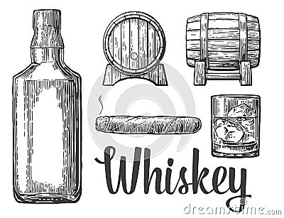 Whiskey glass with ice cubes barrel bottle cigar. Vector Illustration