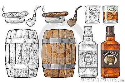 Whiskey glass with ice cubes, barrel, bottle and cigar. Vector Illustration