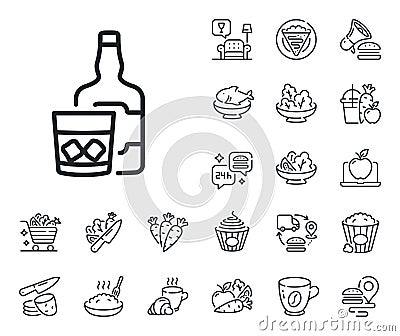 Whiskey glass with ice cubes line icon. Scotch alcohol sign. Crepe, sweet popcorn and salad. Vector Vector Illustration