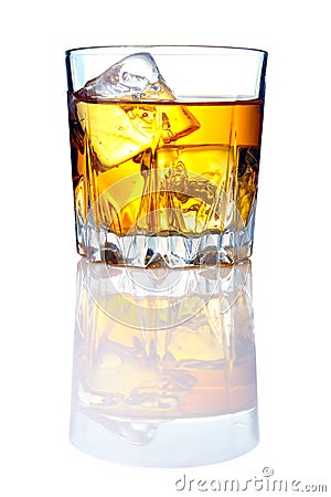 Whiskey glass with ice cubes and reflections Stock Photo