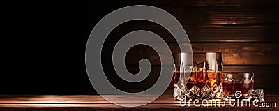 Whiskey glass on wooden table with luxury cigar. Alcohol cognac and cubanian cigar Stock Photo