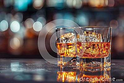 Whiskey with ice on the table, drink with ice cubes Stock Photo