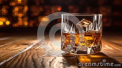 whiskey with ice on a wooden table in vintage liquor store counter with copy space is empty. Generative Ai Stock Photo