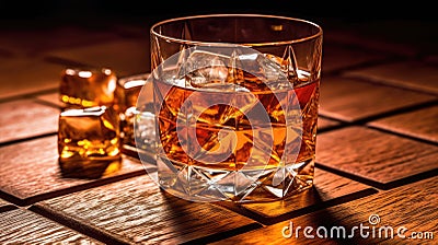 whiskey with ice on a wooden table in vintage liquor store counter with copy space is empty. Generative Ai Stock Photo