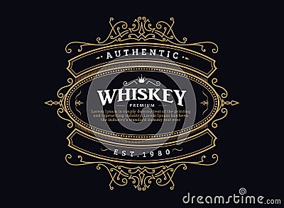 Whiskey label vintage badge antique hand drawn frame retro Vector Illustration