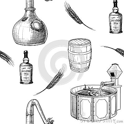 Whiskey making process from grain to bottle. Pieces of equipment. Seamless pattern. Vector Illustration