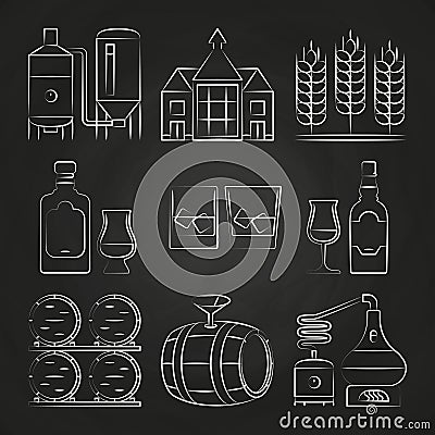 Whiskey process and icons on chalkboard Vector Illustration