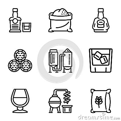 Whiskey production icon set, outline style Vector Illustration