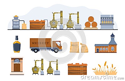 Whiskey Production Icons Collection Vector Illustration