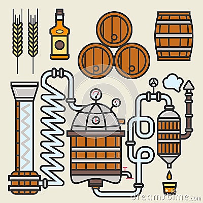 Whiskey production line or whisky making elements vector icons Vector Illustration