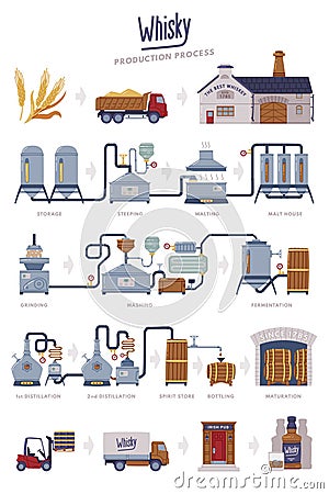 Whiskey Production Process with Distillation, Aging and Packaging Steps Vector Set Vector Illustration