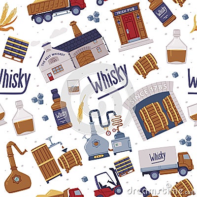 Whiskey Production Process with Distillation, Wooden Barrel and Irish Pub Vector Seamless Pattern Template Vector Illustration