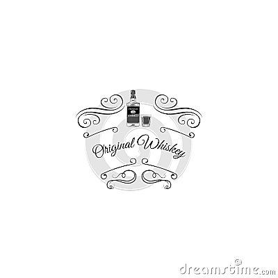 Whiskey Scotch bottle icon. Swirls, Scroll elements, ornate filigree border, frame. Vector. Vector Illustration