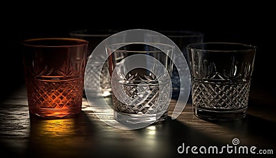 Whiskey shot on dark wood, elegant still life generated by AI Stock Photo