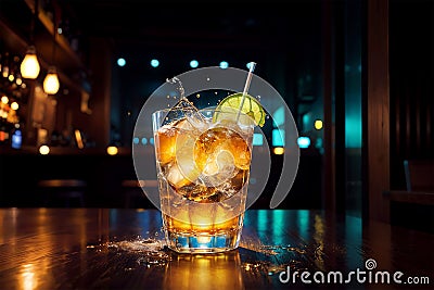 Whiskey splash in a glass on a bar counter in a nightclub. AI generated Stock Photo