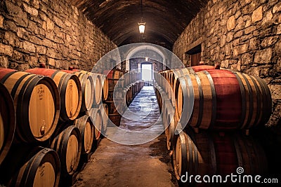 whisky aging in oak barrels with visible labels Stock Photo
