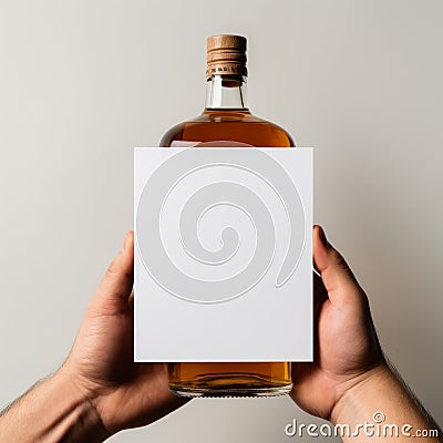 Whisky Bottle Advertisement With Person Holding Empty Paper Card Stock Photo