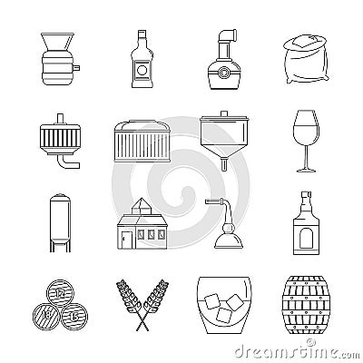 Whisky bottle glass icons set, outline style Vector Illustration