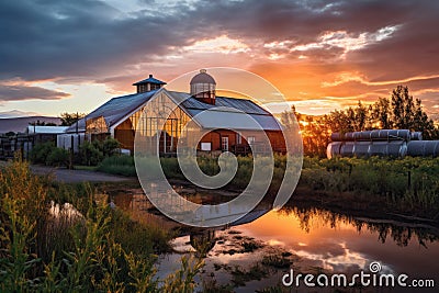 whisky distillery at sunset with warm, golden light Stock Photo