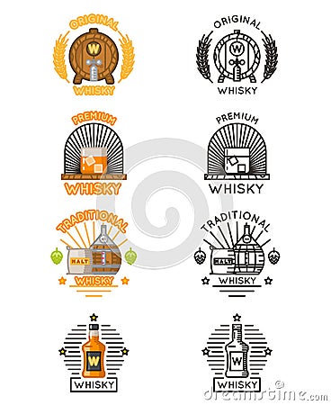 Whisky logo set. Vector alcohol drinks logotypes for distilleries and whiskey bars Vector Illustration