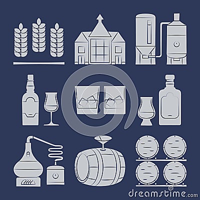 Whisky silhouette icons collection on blue Vector Illustration