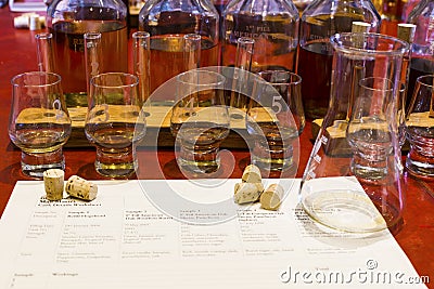 Whisky tasting setup with numbered sampling glasses, beaker and Editorial Stock Photo