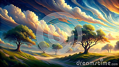 The Whispering Wind: A Surreal Landscape of Windswept Trees and Flowing Clouds Generative AI Computer-generated Stock Photo