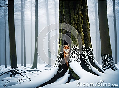 Whispers of the Forest: The Hidden Elegance of a Fox in the Ancient Trunk Stock Photo