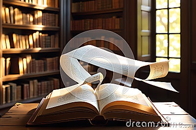 Whispers of Knowledge: Open Book with Pages Seemingly Caught in a Gentle Breeze, a Ribbon Bookmark Mid-Air as If Just Launched Stock Photo