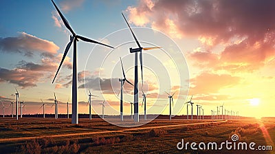 Whispers of Power: Expansive View of a Wind Farm with Mighty Wind Turbines Stock Photo