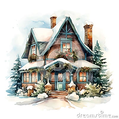 Whispers of Winter: A Cozy Cottage in Watercolor Stock Photo