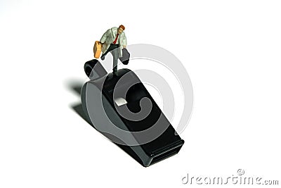 Whistle blower concept illustration. A businessman running above black whistle, isolated on white background. Cartoon Illustration