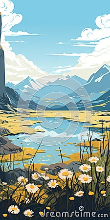 Whistlerian Illustration Of Mountains And Meadows In Pop Art Style Stock Photo