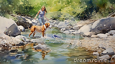 Whitcomb-girls: Energetic Watercolor Painting Of A Girl Walking Her Bulldog Stock Photo