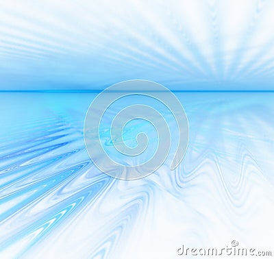 White abstract background with fractal texture. Blue water horizon, waves on water and rays on the sky. Turquoise ripples on Stock Photo