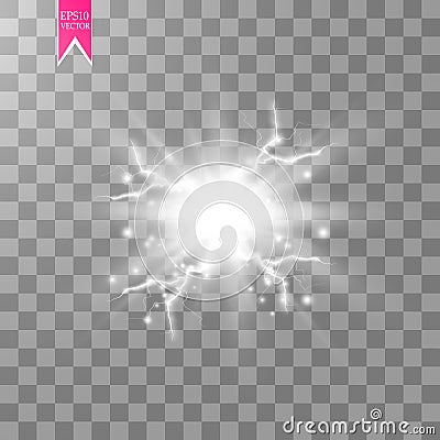 White abstract energy shock explosion special light effect with spark. Vector glow power lightning cluster. Electric Vector Illustration
