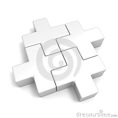 White abstract plus jigsaw puzzle pieces. 3D Cartoon Illustration