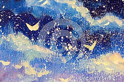 White abstractions against the background of the night blue-violet sky. Snow falls, Christmas, a fairy tale, a dream original oil Cartoon Illustration