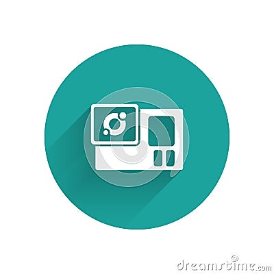 White Action extreme camera icon isolated with long shadow. Video camera equipment for filming extreme sports. Green Vector Illustration