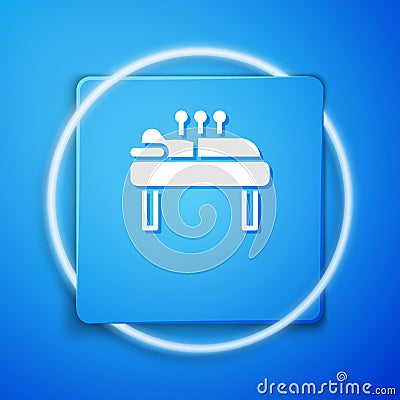 White Acupuncture therapy icon isolated on blue background. Chinese medicine. Holistic pain management treatments. Blue Vector Illustration